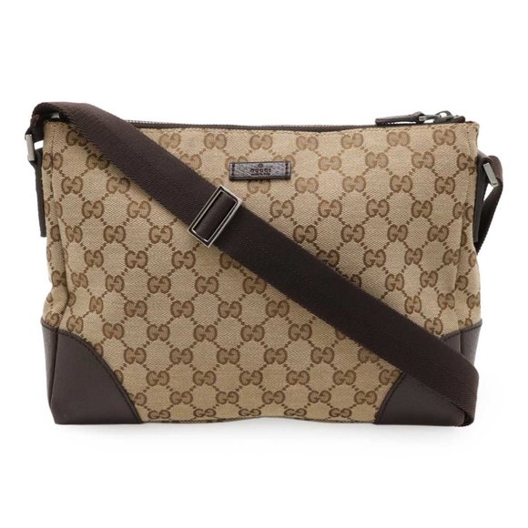 GUCCI GG canvas shoulder bag leather khaki beige dark brown 114273 - Picture 1 of 9